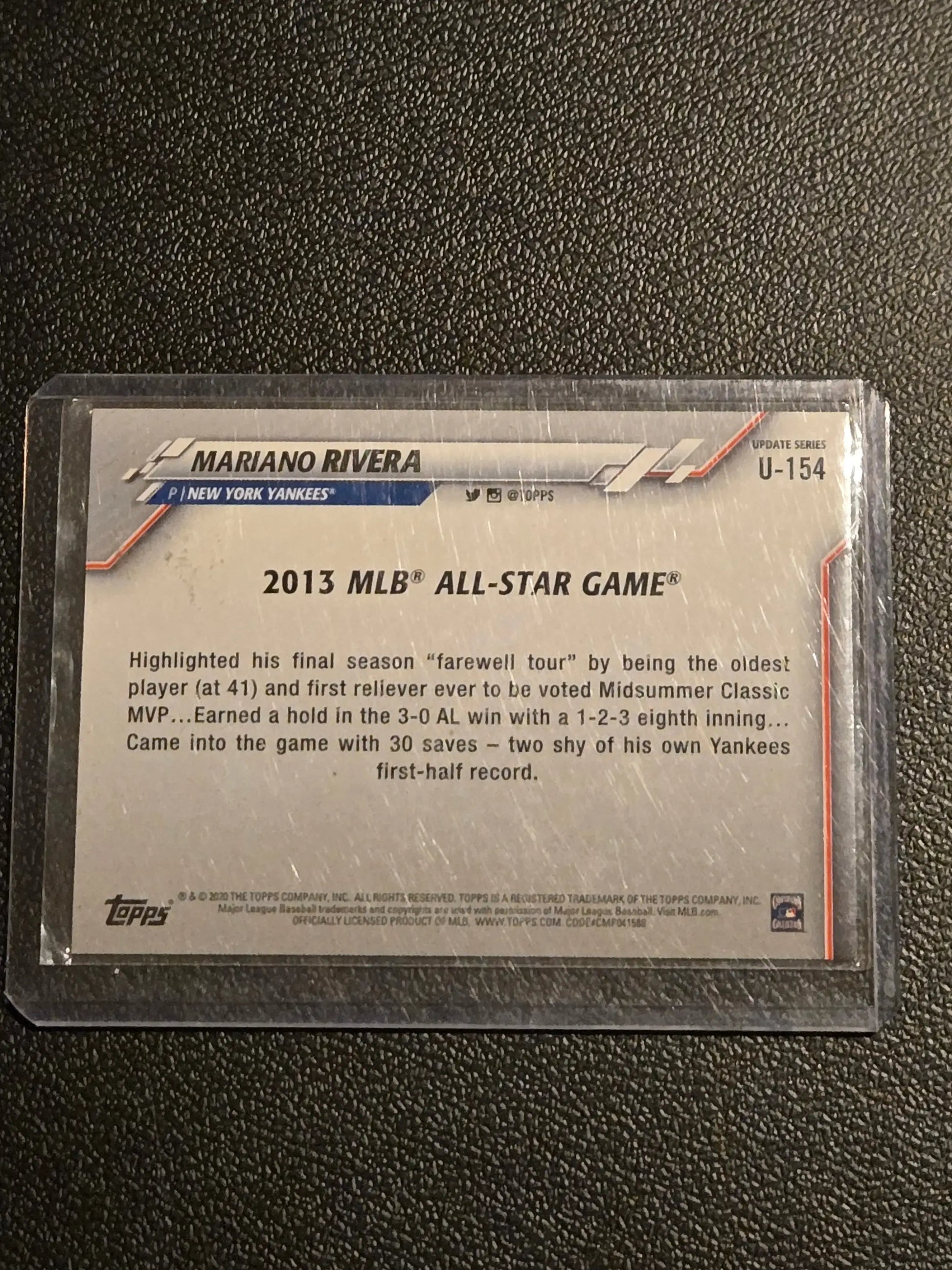 Baseball trading card featuring Mariano Rivera Rainbow Foil from 2020 Topps Update