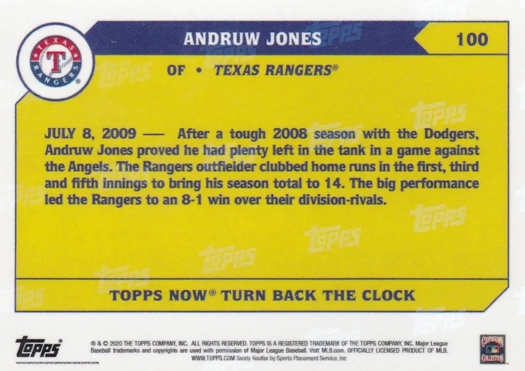 Back of a 2020 TURN BACK THE CLOCK #100 Andruw Jones- Texas Rangers trading card