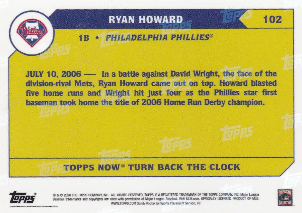 Yellow and blue baseball card of Ryan Howard- Philadelphia Phillies 2020 TURN BACK THE CLOCK