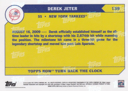 Back of 2020 TURN BACK THE CLOCK DEREK JETER Topps baseball card featuring New York Yankees