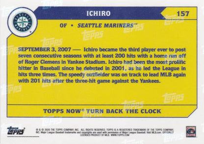 Back of a baseball trading card for Ichiro Suzuki Seattle Mariners 2020 TURN BACK THE CLOCK
