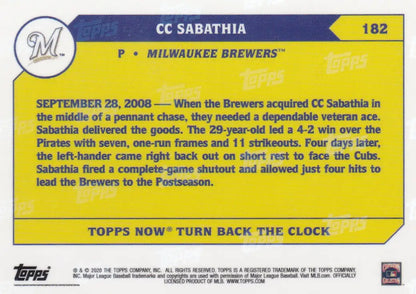 Baseball trading card back featuring CC SABATHIA MILWAUKEE BREWERS 2020 TURN BACK THE CLOCK