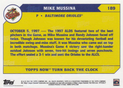 Back of 2020 TURN BACK THE CLOCK Mike Mussina Baltimore Orioles baseball card showing details