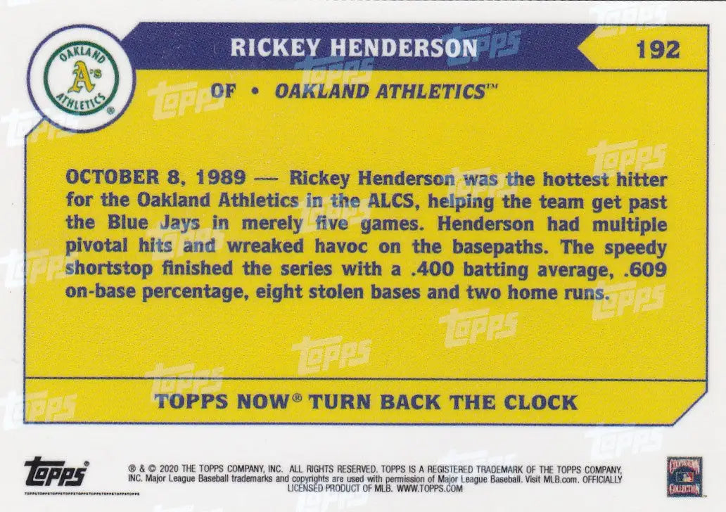 Yellow and blue Rickey Henderson Oakland Athletics baseball card from 2020 Turn Back the Clock series