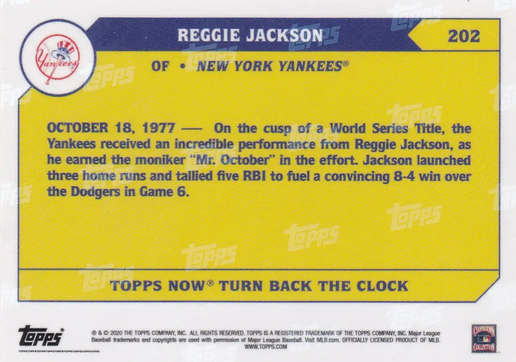 Yellow and blue baseball card of Reggie Jackson of the New York Yankees for 2020 TURN BACK THE CLOCK series