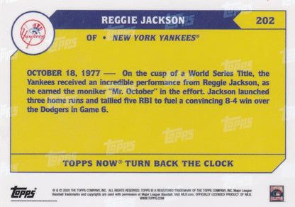 Yellow and blue baseball card of Reggie Jackson of the New York Yankees for 2020 TURN BACK THE CLOCK series