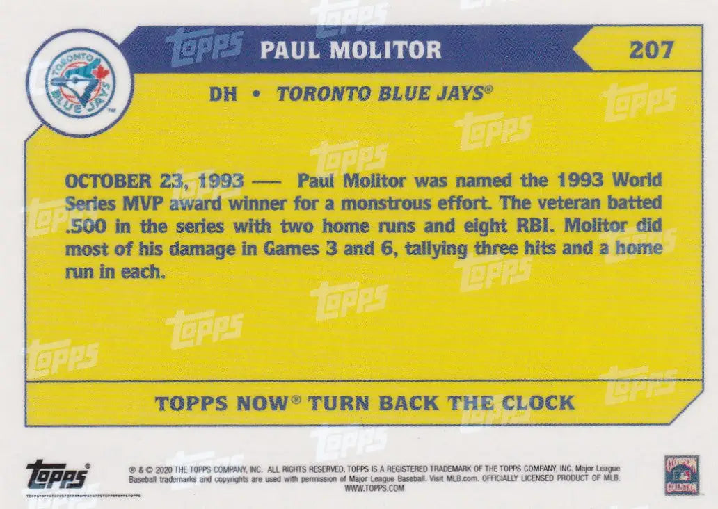 Baseball trading card of Paul Molitor of the Toronto Blue Jays commemorating 1993 World Series MVP