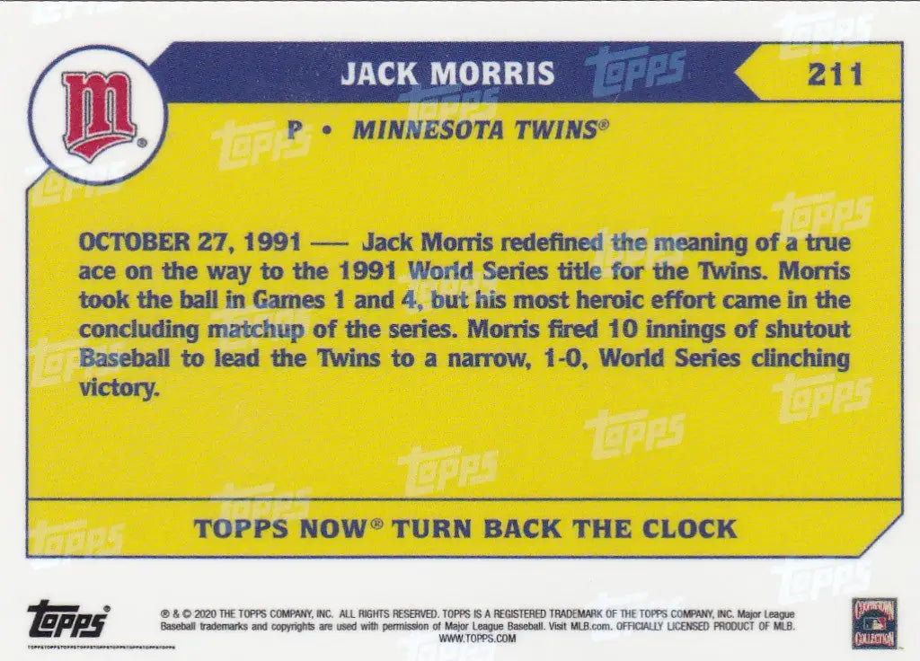 Back of yellow 2020 TURN BACK THE CLOCK Jack Morris Minnesota Twins baseball card