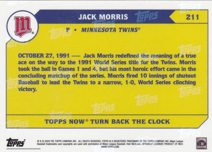 Back of yellow 2020 TURN BACK THE CLOCK Jack Morris Minnesota Twins baseball card