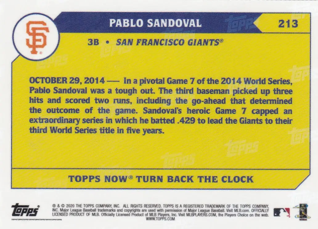 Collectible baseball trading card of Pablo Sandoval from 2020 Turn Back the Clock series featuring San Francisco Giants