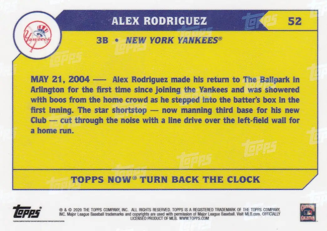 Baseball trading card featuring Alex Rodriguez from the New York Yankees 2020 turn back the clock series