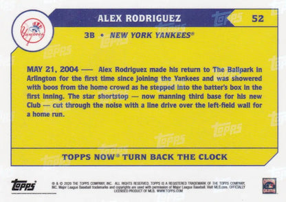 Baseball trading card featuring Alex Rodriguez from the New York Yankees 2020 turn back the clock series