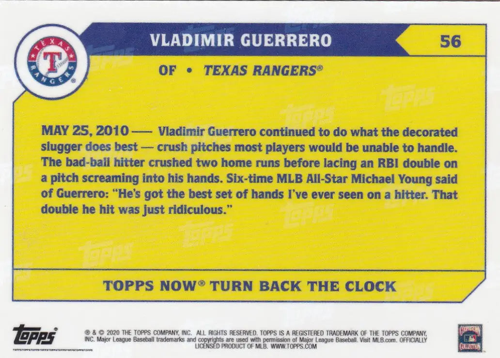 Baseball trading card of Vladimir Guerrero Texas Rangers with player stats and info