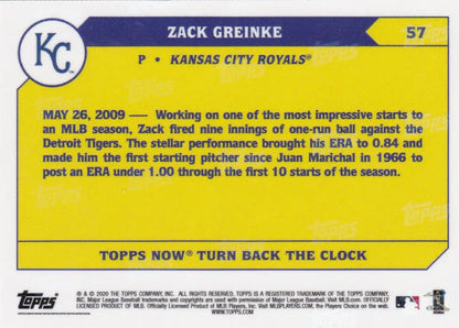 Back of a Zack Greinke Kansas City Royals baseball card in the 2020 Turn Back the Clock series