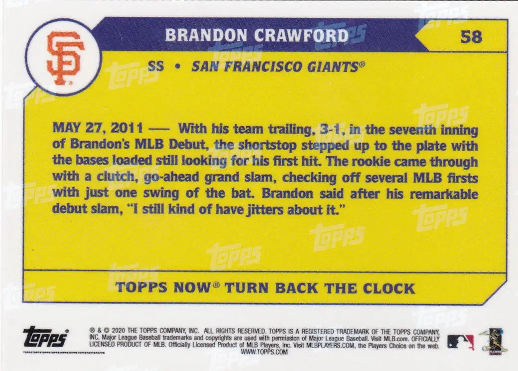 Topps Now baseball card of Brandon Crawford San Francisco Giants player in 2020 product