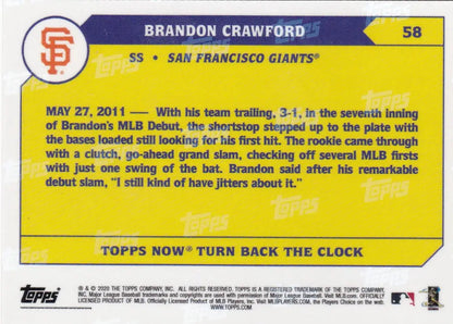Topps Now baseball card of Brandon Crawford San Francisco Giants player in 2020 product