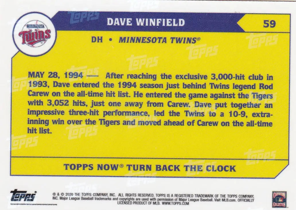 Collectible baseball card of Dave Winfield from 2020 TURN BACK THE CLOCK series featuring Minnesota Twins