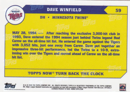 Collectible baseball card of Dave Winfield from 2020 TURN BACK THE CLOCK series featuring Minnesota Twins