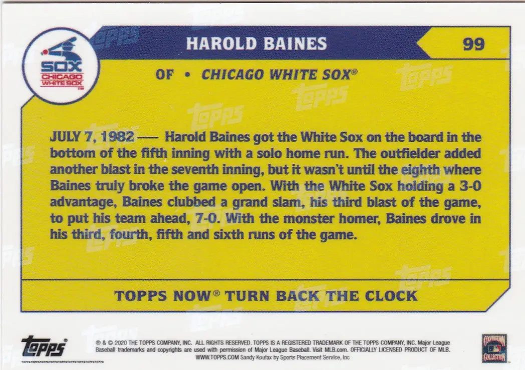 Topps Now baseball card of Harold Baines for Chicago White Sox 2020 Turn Back the Clock