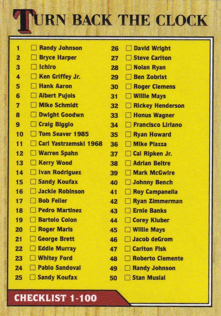 Baseball card checklist with 50 player names for 2020 TURN BACK THE CLOCK CHECK LIST