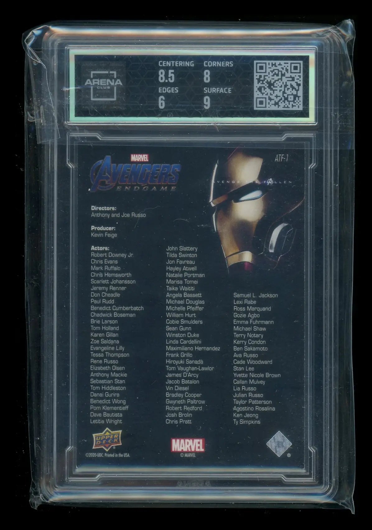 Graded trading card in protective slab 2020 Upper Deck Avengers Endgame Iron Man #ATF-1