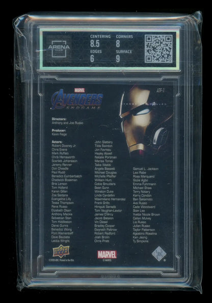 Graded trading card in protective slab 2020 Upper Deck Avengers Endgame Iron Man #ATF-1