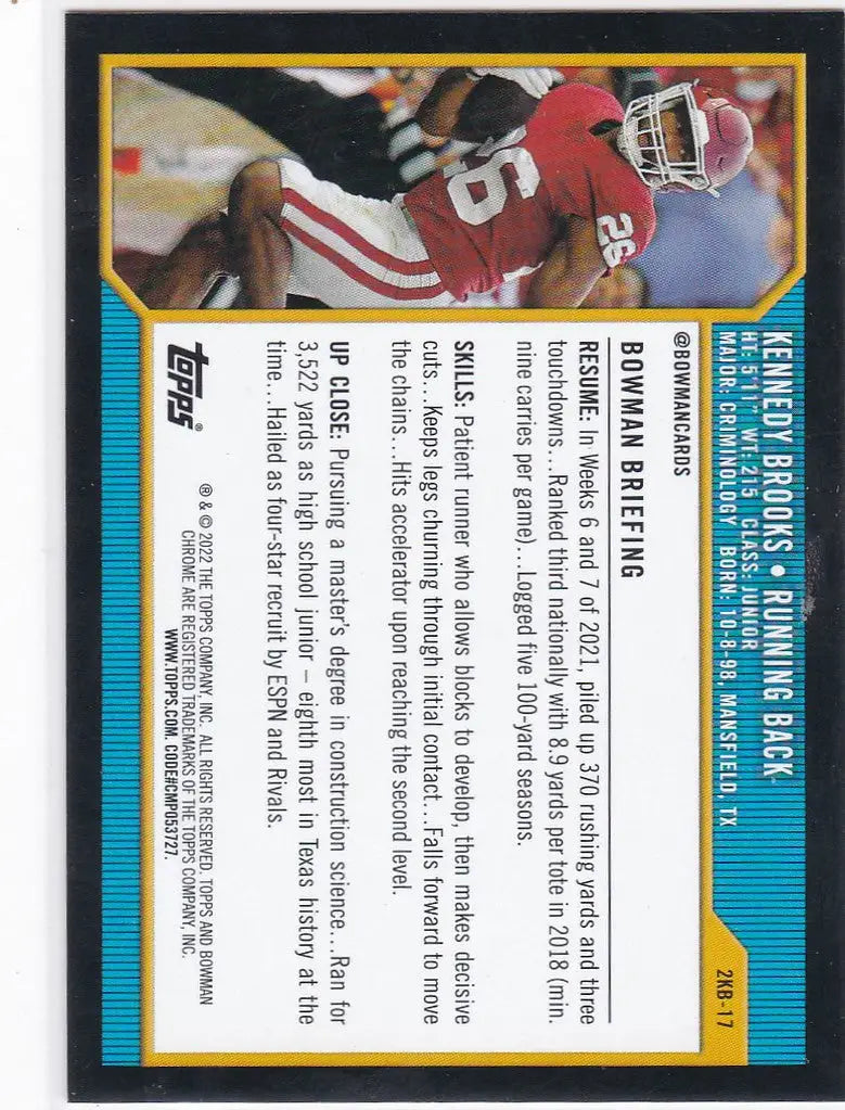 Football trading card of Kennedy Brooks in red jersey, 2021-22 Bowman University Retro Insert