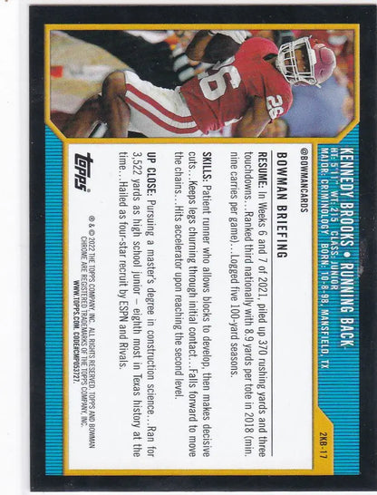 Football trading card of Kennedy Brooks in red jersey, 2021-22 Bowman University Retro Insert