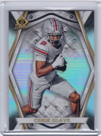 Football trading card of Chris Olave in white Ohio State uniform from Bowman University Invicta
