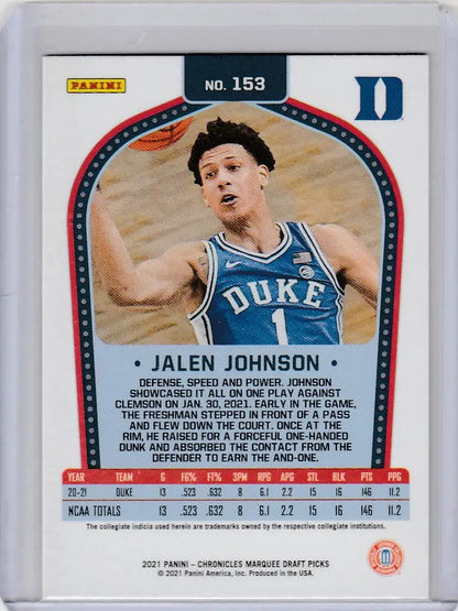 Basketball trading card of Jalen Johnson Duke from Chronicles Draft Picks Marquee Black