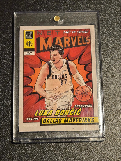 Luka Doncic NBA trading card in protective case from 2021-22 Donruss Luka Doncic Net Marvels