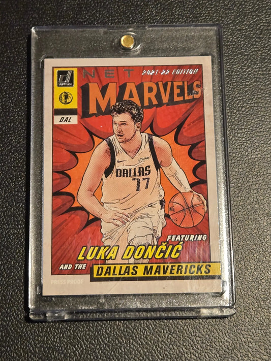Luka Doncic NBA trading card in protective case from 2021-22 Donruss Luka Doncic Net Marvels