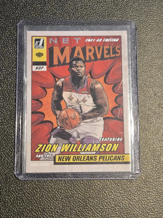 Zion Williamson basketball trading card in protective sleeve from 2021-22 Donruss Net Marvels