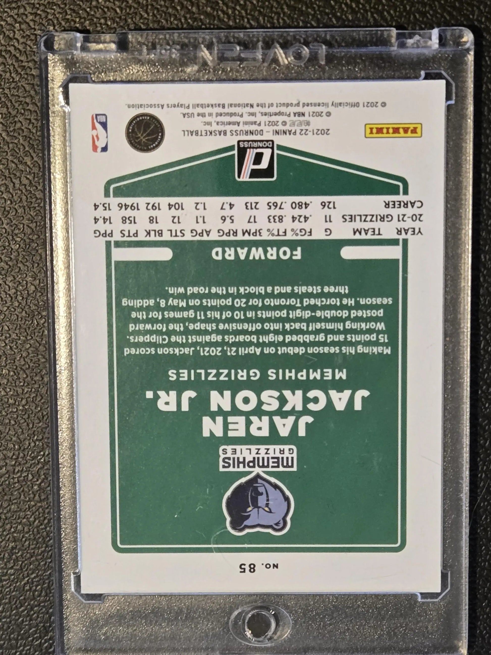 2021-22 Donruss Jaren Jackson Jr. Press Proof Purple basketball card with stats and performance