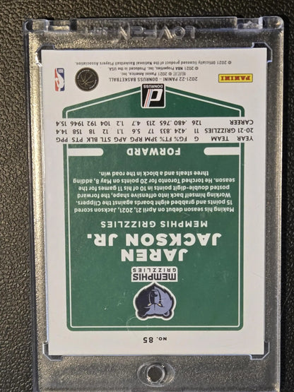 2021-22 Donruss Jaren Jackson Jr. Press Proof Purple basketball card with stats and performance