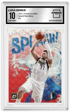 Graded Luka Dončić basketball card featuring Donruss Optic Splash Red Wave design
