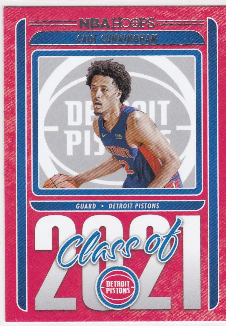 Cade Cunningham Class NBA Hoops trading card featuring Detroit Pistons player from 2021 draft