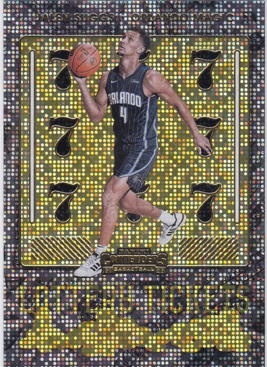 Basketball player Jalen Suggs in Orlando Magic uniform leaping with lottery tickets Orlando