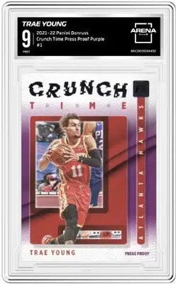 Trae Young basketball card Panini Donruss Crunch Time Press Proof Purple Arena Club