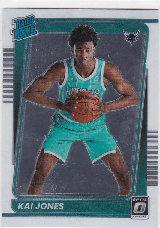 Kai Jones basketball card from Panini Donruss Optic 2021-22 Rated Rookie Charlotte Hornets