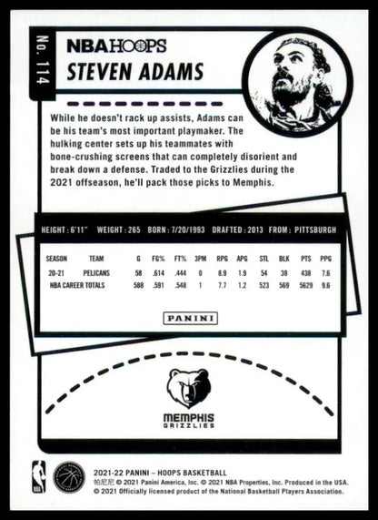 2021-22 Panini NBA Hoops Steven Adams #114 Memphis Grizzlies Basketball Card NBA - Basketball Card