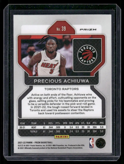 Panini Prizm Basketball Precious Achiuwa trading card with stats and team info