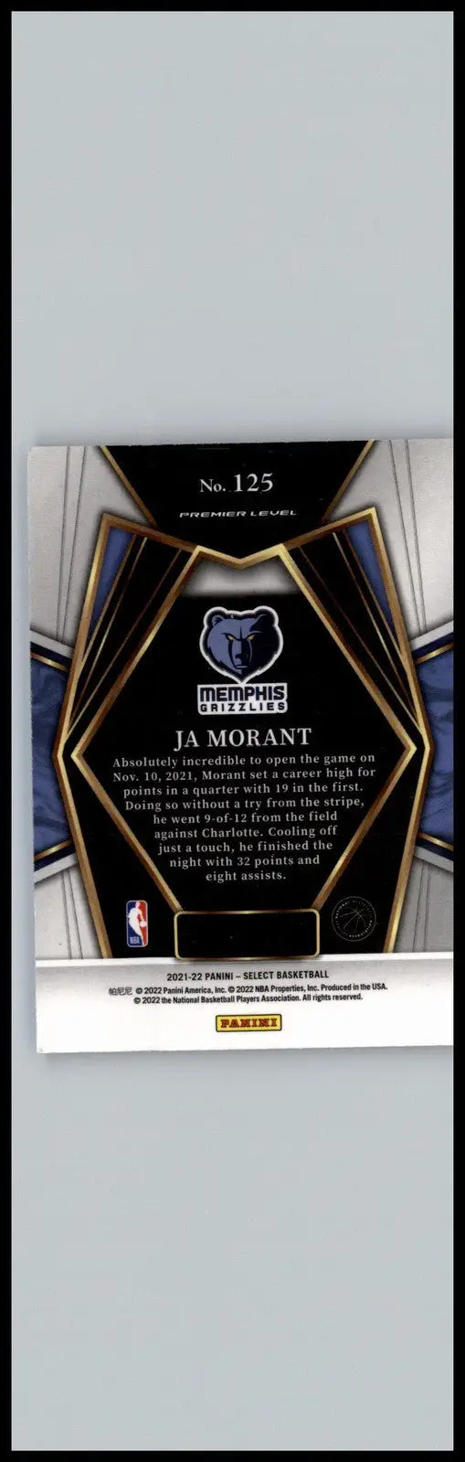Ja Morant Blue basketball card from Panini Select Memphis Grizzlies 2021-22