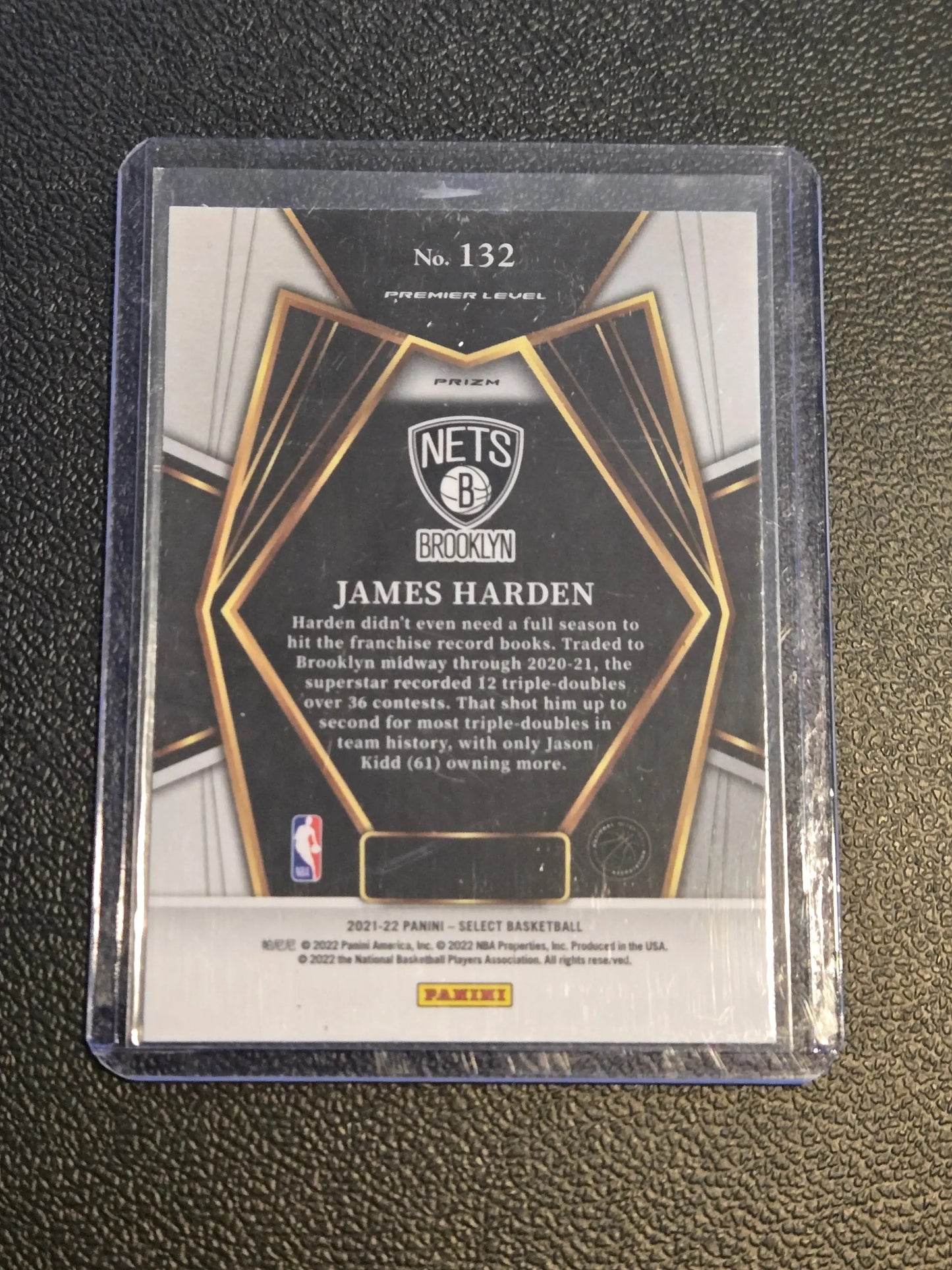 James Harden Brooklyn Nets trading card in protective sleeve from 2021-22 Panini Select Harden Blue Prizms