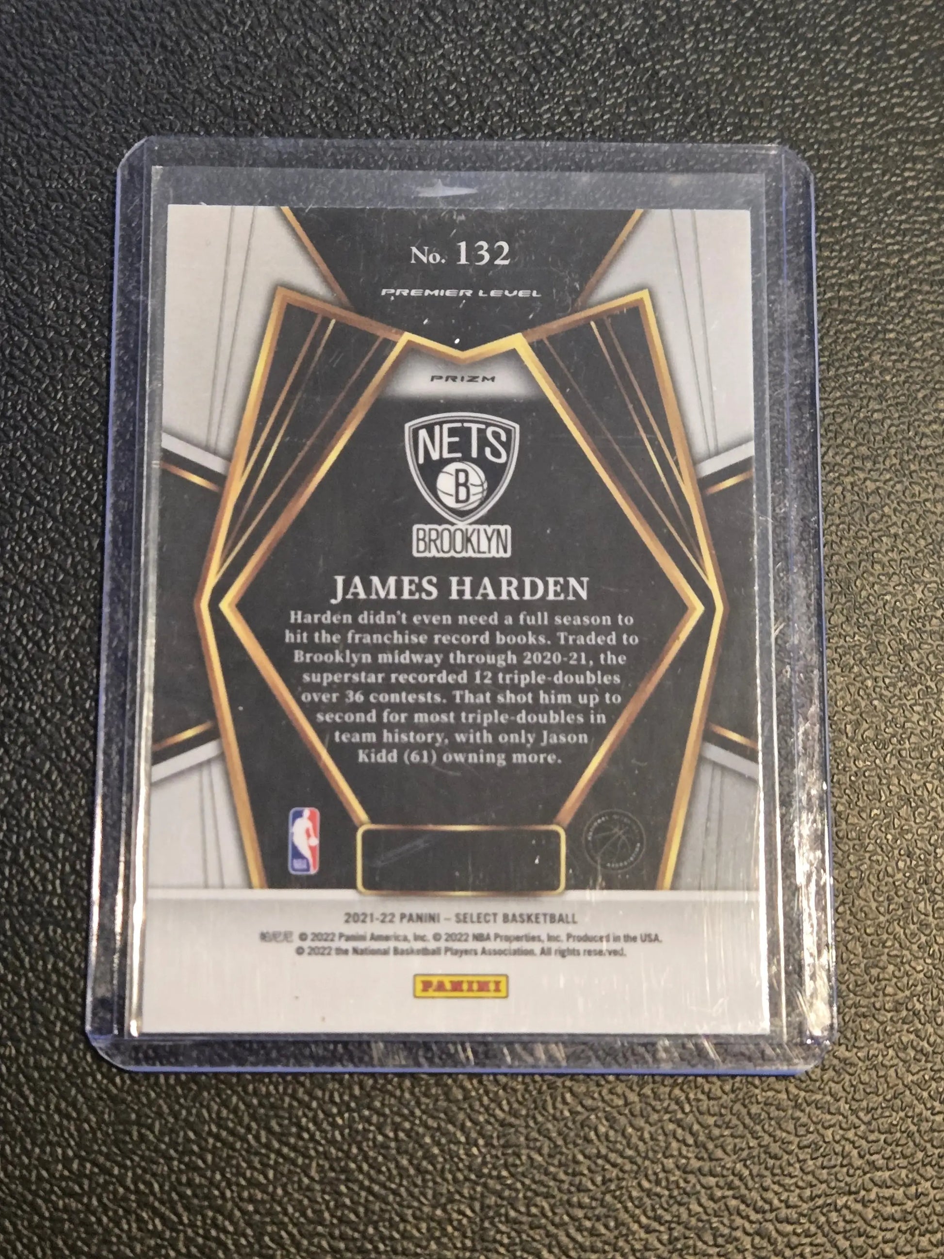 James Harden Brooklyn Nets trading card in protective sleeve from 2021-22 Panini Select Harden Blue Prizms
