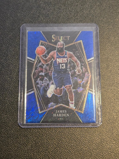James Harden Blue Prizms basketball card in top loader from 2021-22 Panini Select