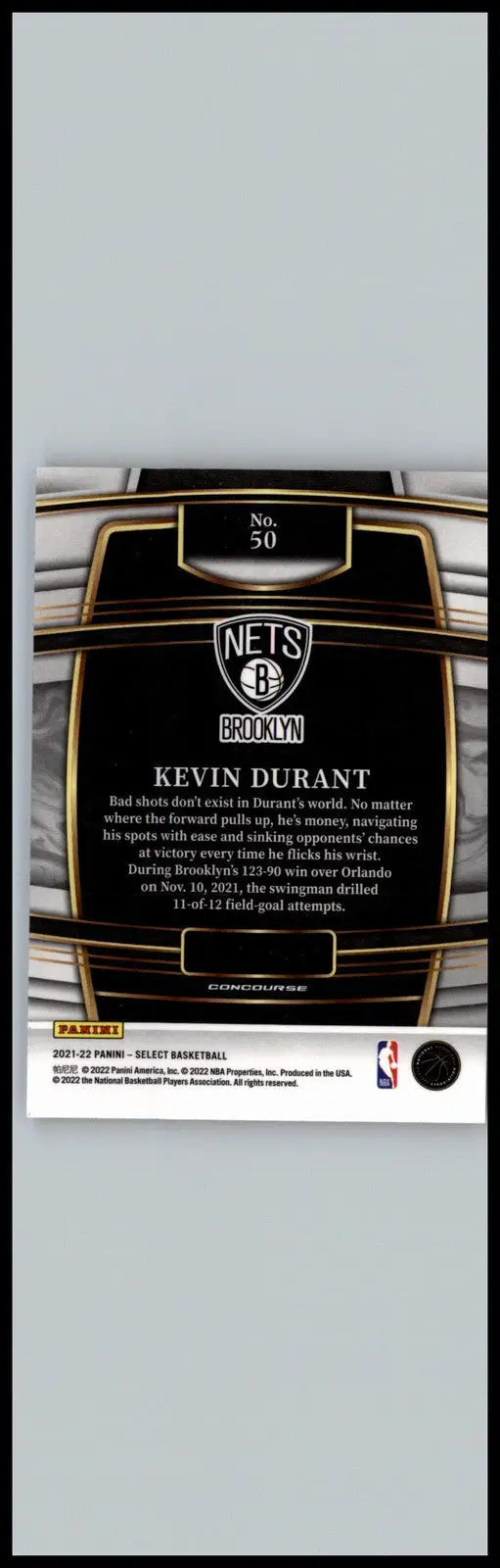 Kevin Durant Blue basketball card from 2021-22 Panini Select Brooklyn Nets