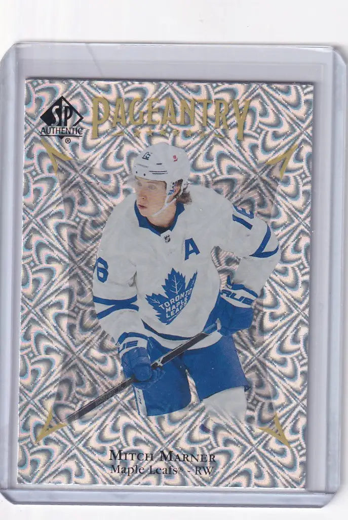 Hockey trading card of P16 Mitch Marner in a Toronto Maple Leafs jersey, Authentic Pageantry