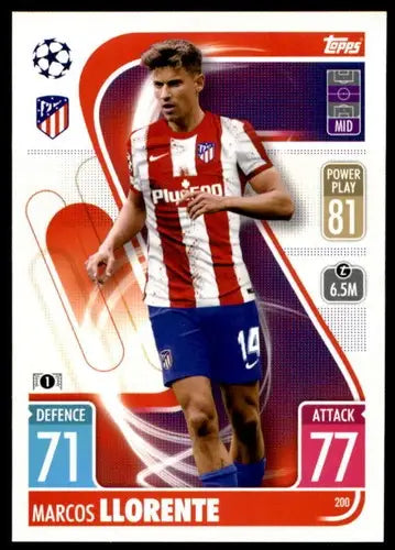 Marcos Llorente trading card from 2021-22 Topps Match Attax UEFA Champions League