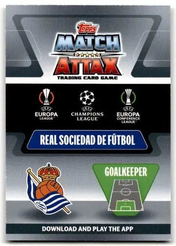 Real Sociedad de Fútbol trading card from 2021-22 Topps Match Attax UEFA Champions League featuring Alejandro Remiro